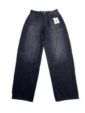 KBB by Kahlana Women's Low-Rise Wide Leg Barrel Jeans in Black Wash